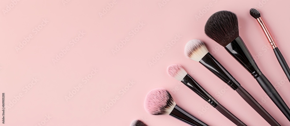 Poster display a variety of makeup brushes on a soft pink backdrop for a top-down view with copy space imag