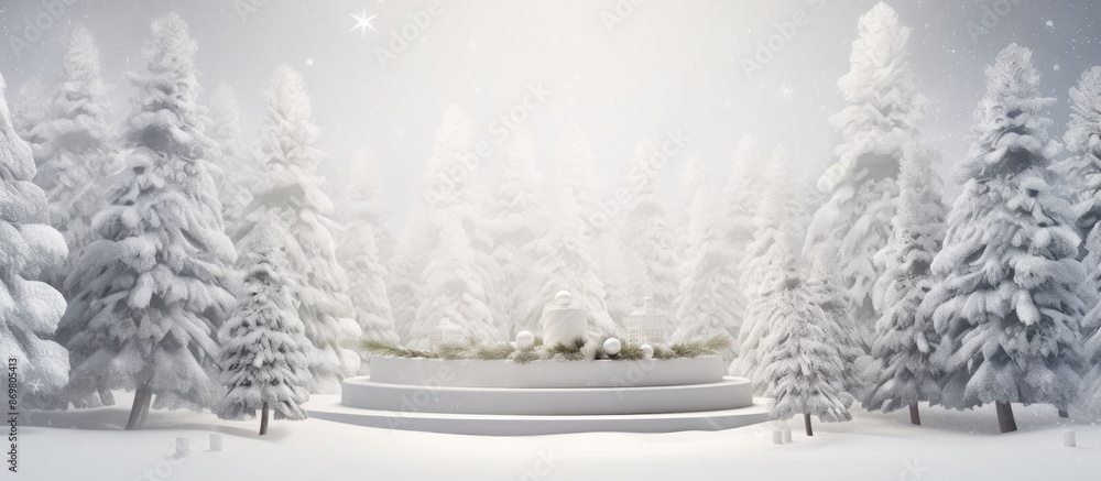 Poster a white podium set amidst fir trees with snow falling, creating a festive setting for showcasing pro