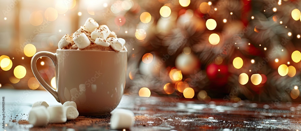 Aufkleber christmas-themed hot chocolate with marshmallows showcased in the foreground with a blurry backgroun