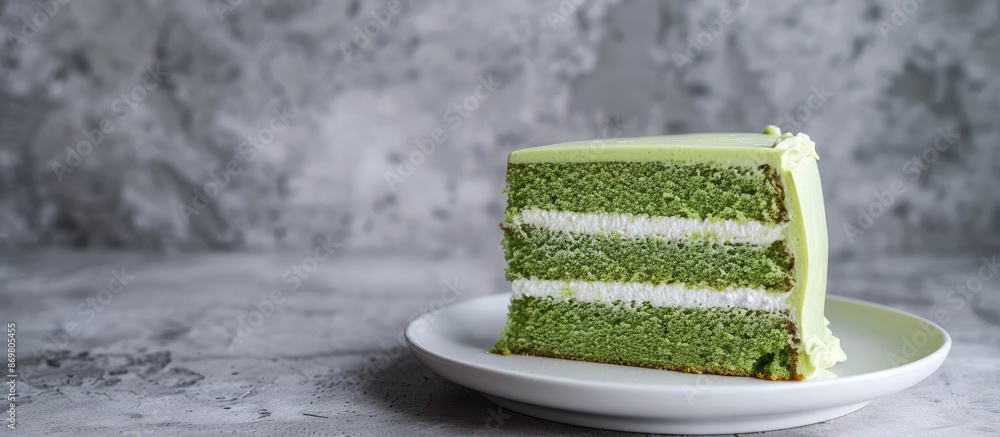Poster green pandan sponge cake displayed on a white plate with copy space image.