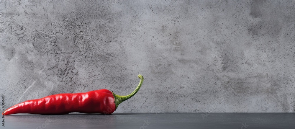 Poster Close-up of a red chili pepper pod against a grey concrete backdrop with selective focus and ample copy space image.