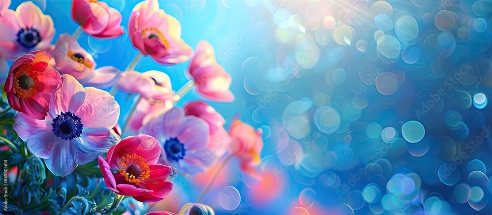 Poster an isolated banner featuring vibrant anemone flowers against a blue bokeh background with copy space