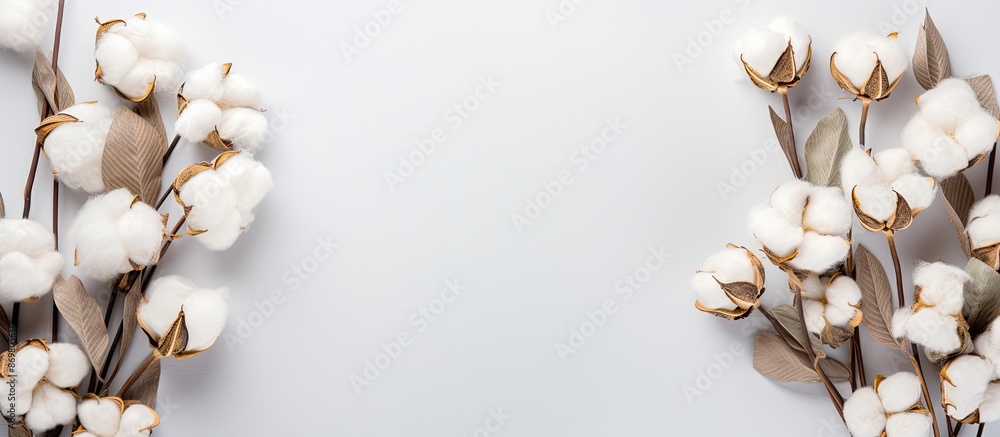 Leinwandbilder top view of delicate white cotton flowers and fresh eucalyptus twigs arranged in a floral compositio
