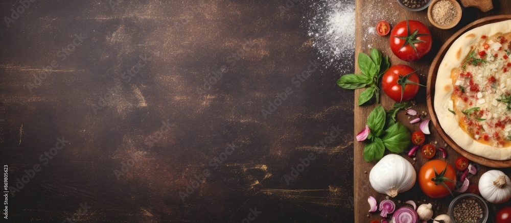 Poster Stone background adding copy space for food or baking recipe concept with a cutting board for pizza or bread on a table. Panoramic top view in flat lay style.