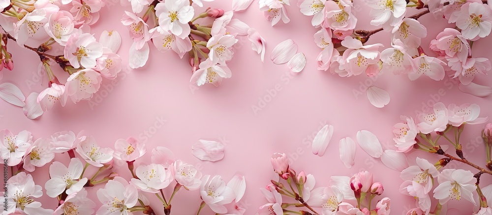 Poster Top view of blooming cherry tree flowers on a millennial pink background, with a frame pattern and copy space image, in minimal style for design or text.