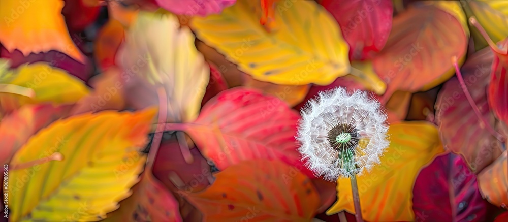 Aufkleber a dandelion in the fall season, set against a backdrop of colorful leaves, providing ample copy spac