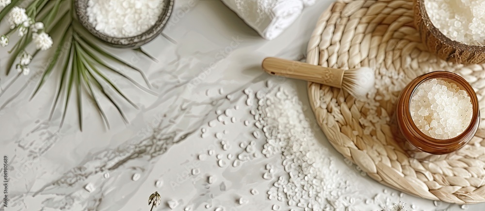 Poster white wood table with coconut moisturizer cream and bath salt, showcasing a serene setting with a co