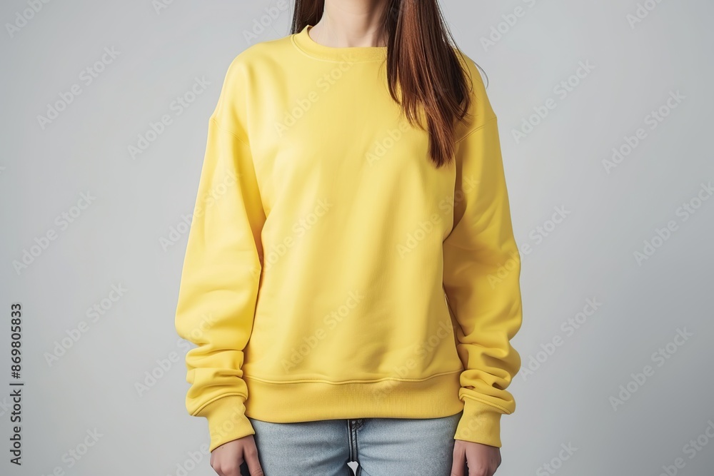 Wall mural Front view of a woman in blank sweatshirt on grey background