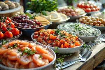 Swedish Smörgåsbord - An assortment of Swedish dishes like meatballs, gravlax, and cheeses on a buffet table.
