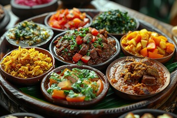 Obraz premium A Feast of Ethiopian Flavors: Colorful Injera Platter with Stews and Vegetables
