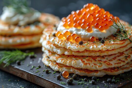 Luxurious Decadence: Stack of Blinis with Caviar, Sour Cream, and Dill on Dark Slate