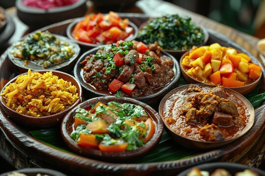 A Feast of Ethiopian Flavors: Colorful Injera Platter with Stews and Vegetables