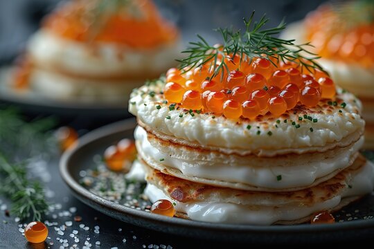 Luxurious Decadence: Stack of Blinis with Caviar, Sour Cream, and Dill on Dark Slate