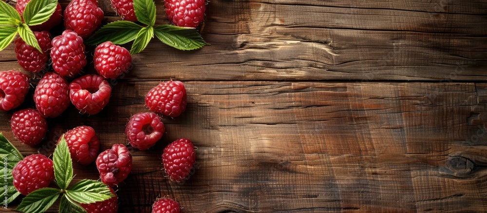 Poster fresh raspberries displayed on a rustic old wooden tabletop with ample copy space image.