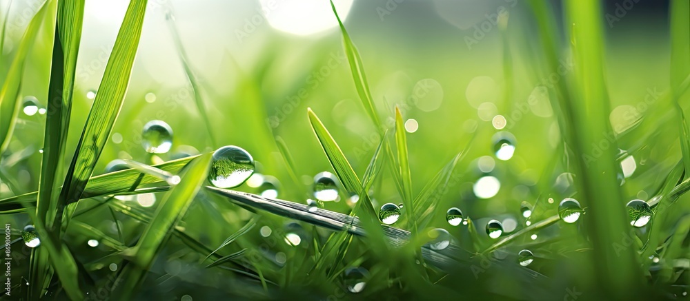 Poster captivating image showcasing a dew drop on vibrant green grass, illustrating the pure and fresh esse