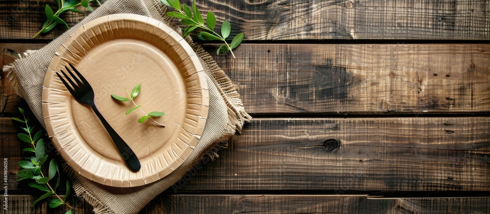 Aufkleber Eco-friendly paper plate and fork set displayed on a rustic wooden table with ample space for adding text or images.