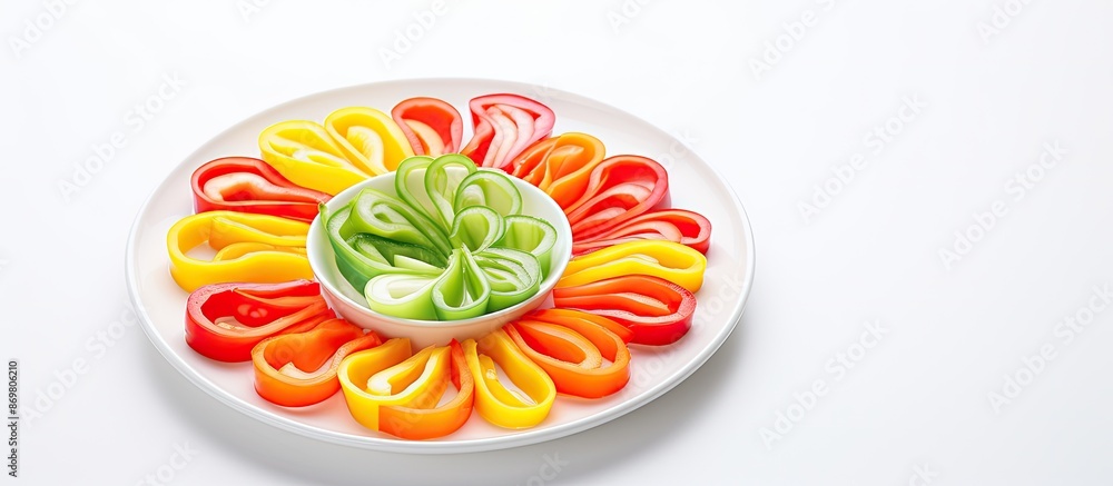 Poster Colorful bell pepper slices and spring onion in a ceramic dish on a white background with copy space image.