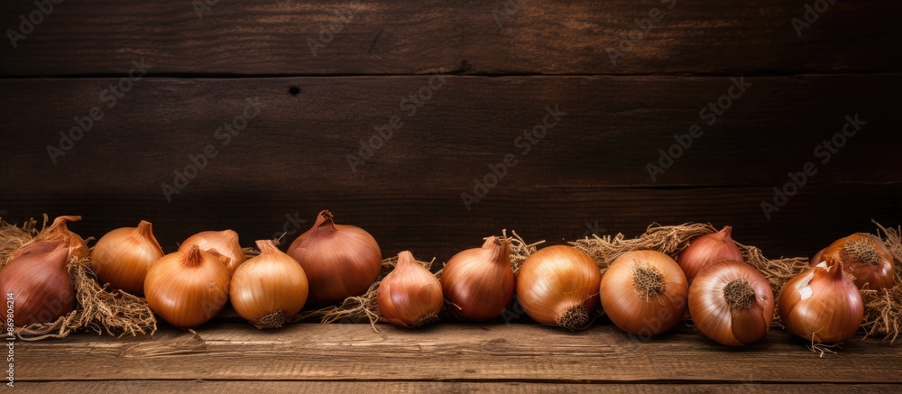 Aufkleber Onions arranged on a rustic wooden table with a weathered look, surrounded by a copy space image.