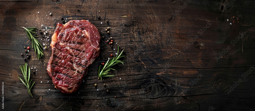 Poster beef steak displayed on a dark wooden table, with ample copy space image.