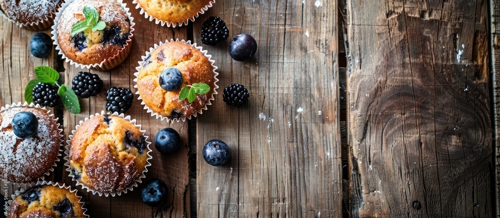 Poster delectable muffins arranged beautifully on a rustic wooden table, providing a perfect setting for a 