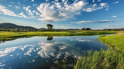 Fototapeta premium Serene golf course with pond and reflections. Tranquil golf course with lush green fairways, a picturesque pond reflecting the blue sky and fluffy clouds, perfect for travel and leisure publications.