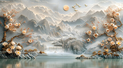 landscape with snow Volumetric stucco molding on a concrete wall with golden elements, Japanese landscape, waterfall, mountains, sakura.