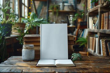 Blank Book Mockup On Wooden Table In Cozy Library Setting