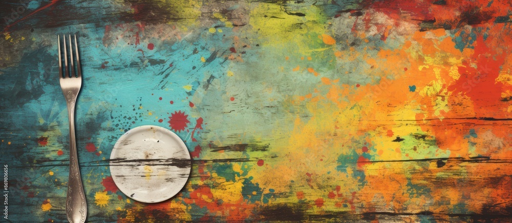 Poster background with a grungy plate design and colorful brush strokes, perfect for a copy space image.