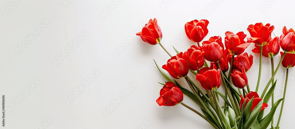 Leinwandbilder elegant arrangement of red tulips in a vase on a white background with copy space image.