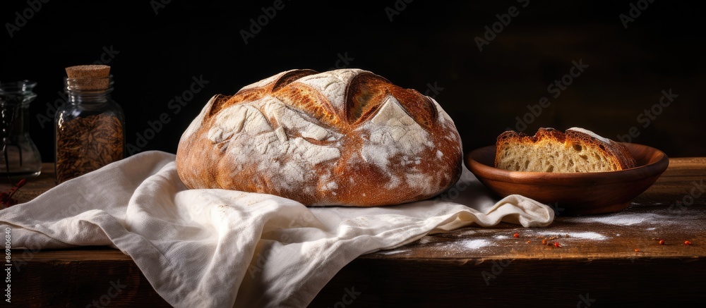 Aufkleber freshly baked organic sourdough bread on a dark background with linen tablecloth, captured in a side