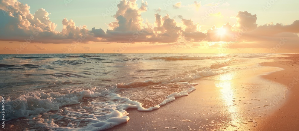 Poster serene sunset beach view with open space for text placement, showcasing tranquil nature scenery for 