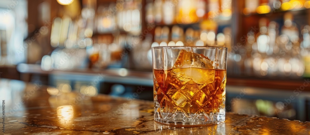 Poster Whisky on the rocks cocktail in a close-up shot on a bar counter with a background suitable for adding text or graphics - copy space image.