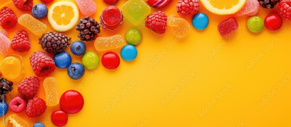 Aufkleber A variety of colorful candies arranged on a vibrant background in a flat lay style with a top view, forming a border around a copy space image.
