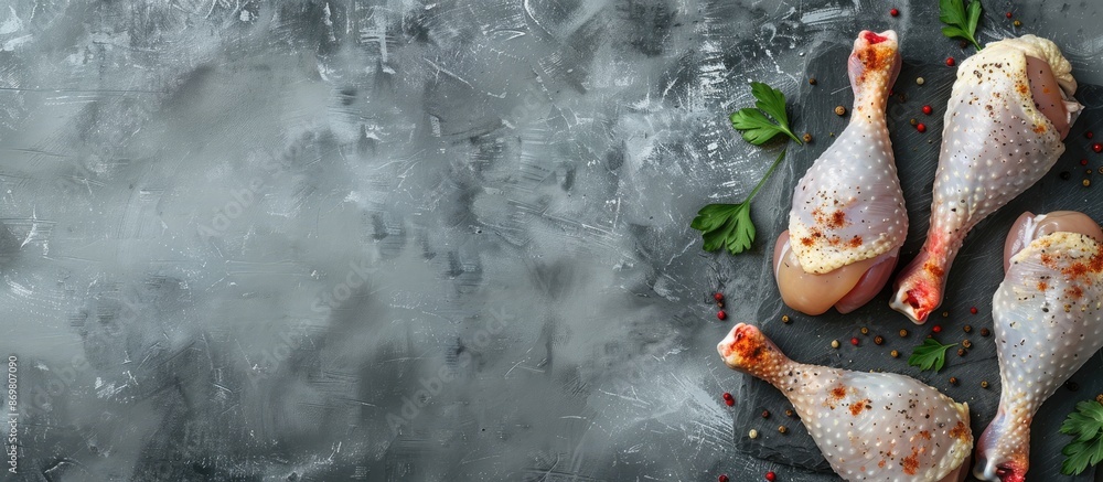 Sticker chicken quarters with legs displayed on a cutting board against a gray backdrop with copy space imag