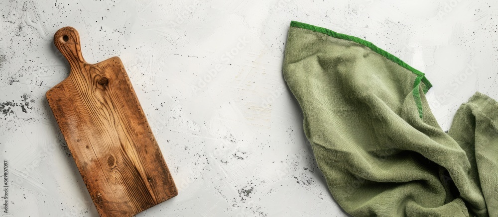 Fototapete A vintage rectangular cutting board with a handle is placed on a white table beside a green towel, accompanied by a blank area on the left for text or design in a copy space image.