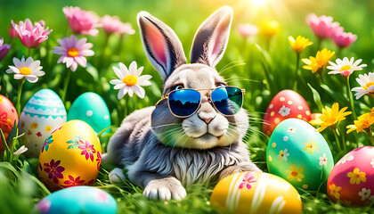 witziger lustiger Osterhase mit Sonnenbrille zwischen bunten Ostereiern vor Frühling frischen hell grünen Hintergrund als Banner Vorlage und Hintergrund zu Ostern Grüße mit Sonnenstrahlen und Bokeh
