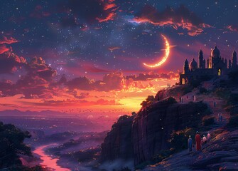 A majestic castle silhouetted against the setting sun with the moon rising in the sky.