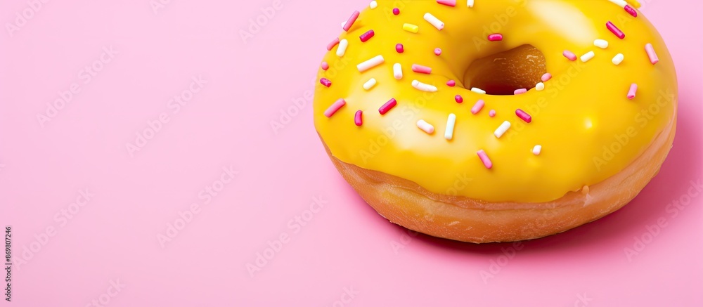 Poster Close-up of a pink doughnut on a vibrant yellow backdrop with ample copy space image.