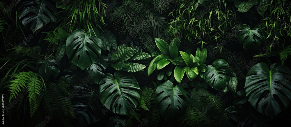 Poster dark tropical foliage creating a nature-inspired backdrop with abundant green leaves. ideal for text
