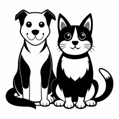 Dog and cat sitting together silhouette vector art illustration 