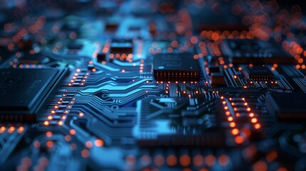 Futuristic circuit board technology background. High-tech circuit board with glowing details, ideal for projects related to technology, electronics, and computing.