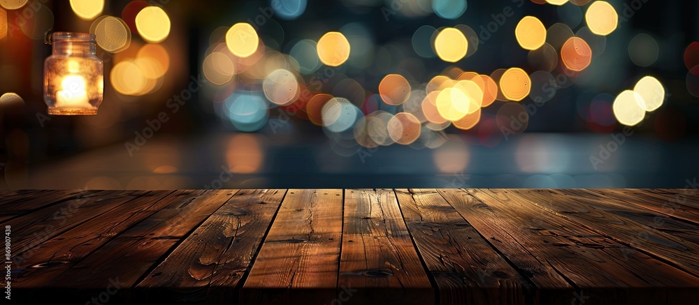 Poster dark wooden table against blurred bokeh background for product display with copy space image.