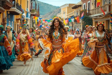 A woman in a vibrant dress dancing joyfully on the street.