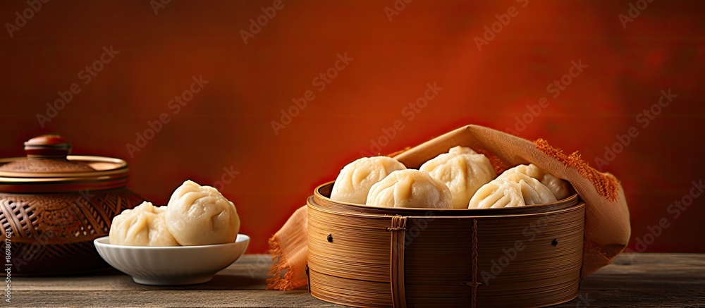Poster basket of dim sum on a table with copy space image.