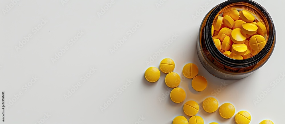 Aufkleber An open bottle or container displaying yellow pills on a white background with ample copy space for text overlay, presenting a blank, white medicine concept.