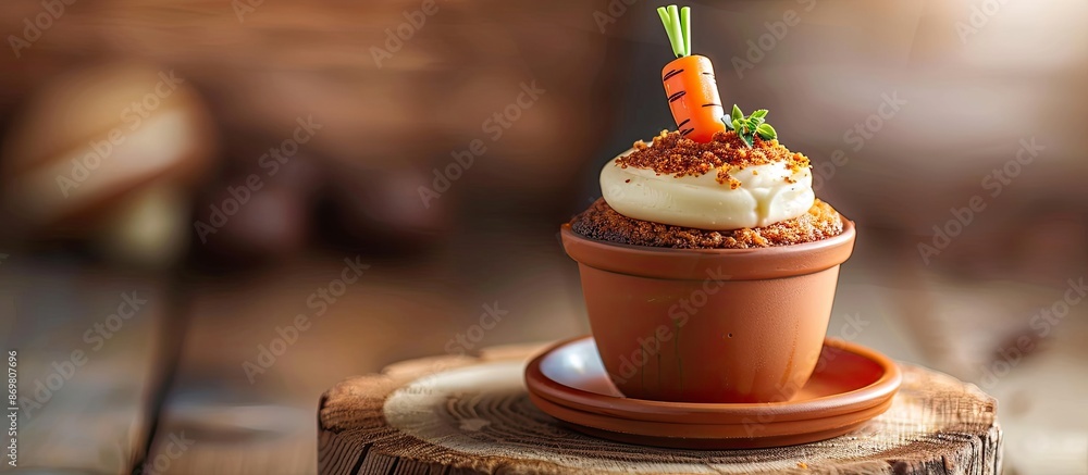 Aufkleber close-up image of a unique carrot cake served in a brown ceramic flower pot with a chocolate carrot 