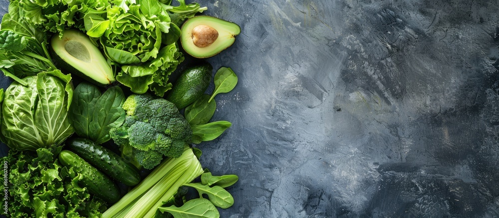 Poster an assortment of fresh green vegetables like avocado, lettuce, spinach, and arugula arranged on a ta