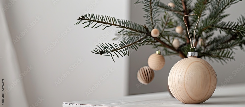 Aufkleber close-up of a stylish christmas ornament on a fir branch in a modern vase set against a white backgr