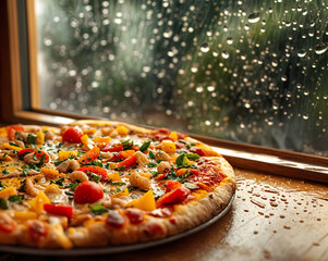 Delicious Pizza on a rainy day cozy joy