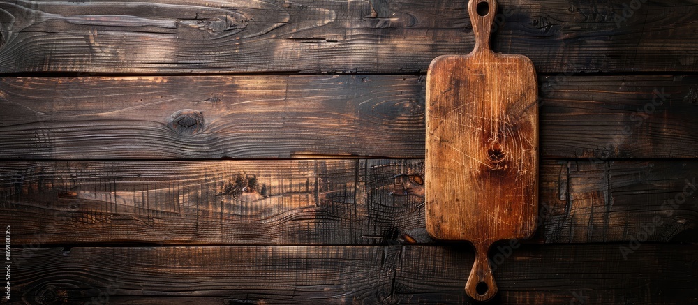 Poster View from above of an aged cutting board placed on a dark wooden table, providing ample copy space in the image.